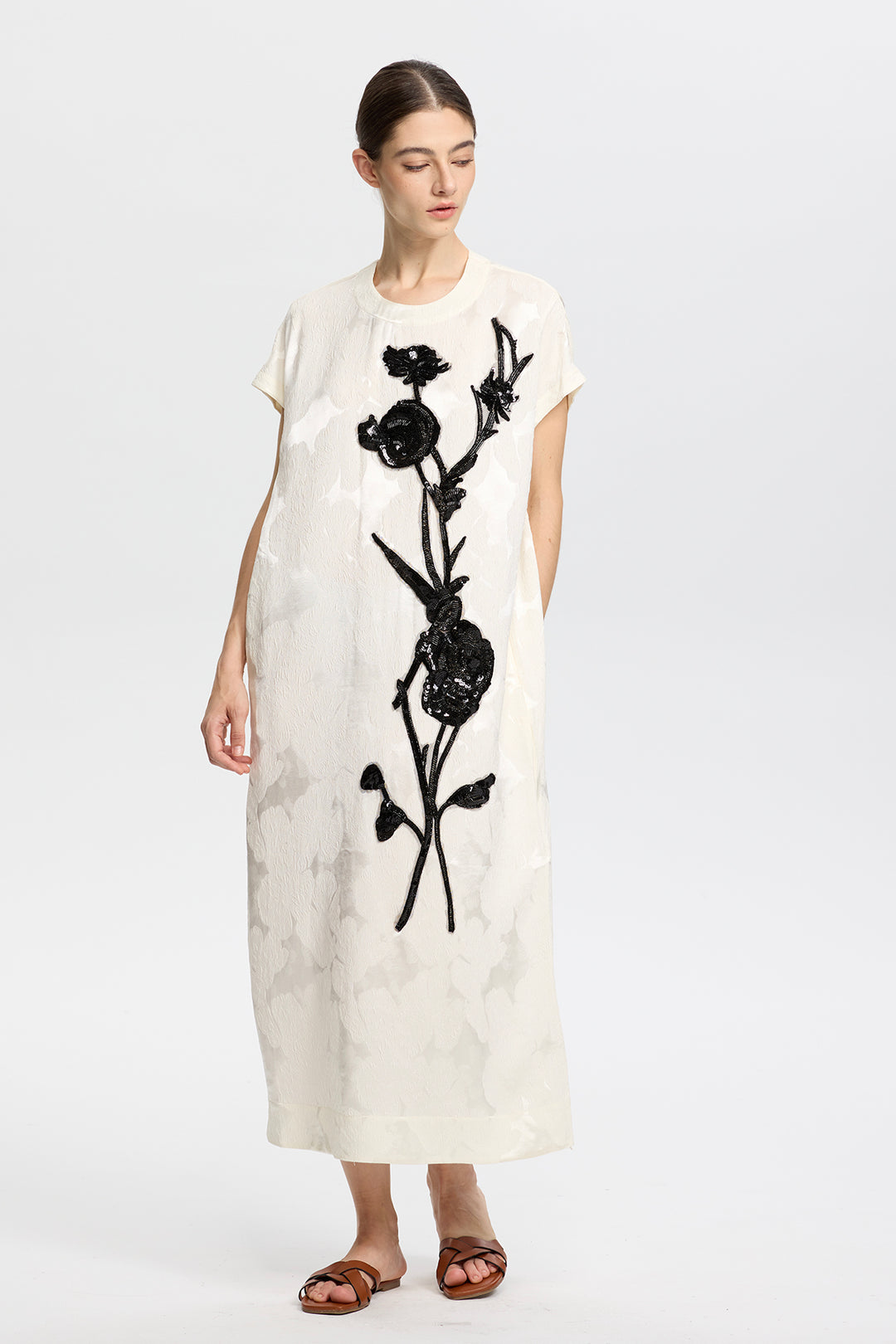 Elara Artisanal Ivory Dress with Black Beaded Flowers