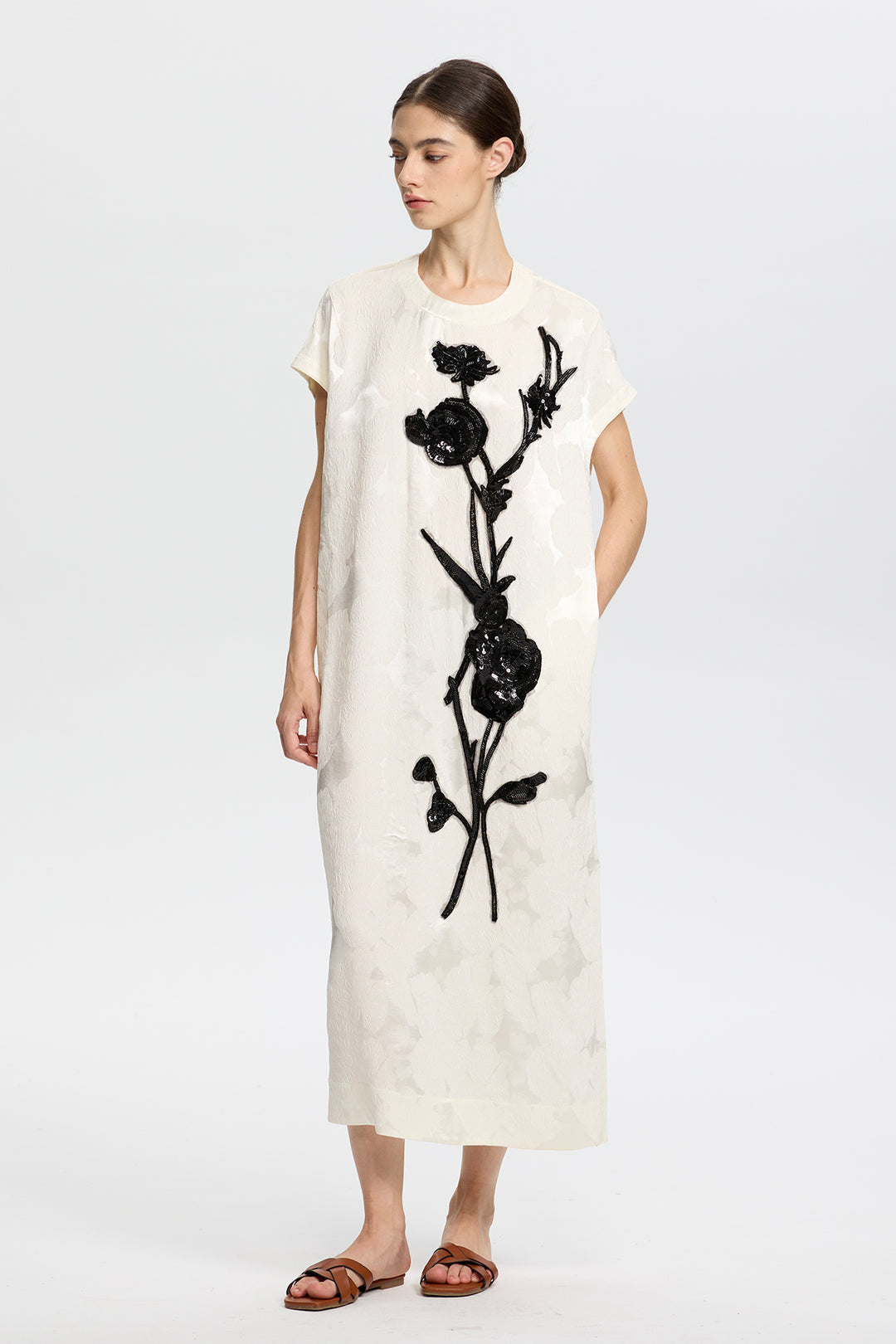 Elara Artisanal Ivory Dress with Black Beaded Flowers
