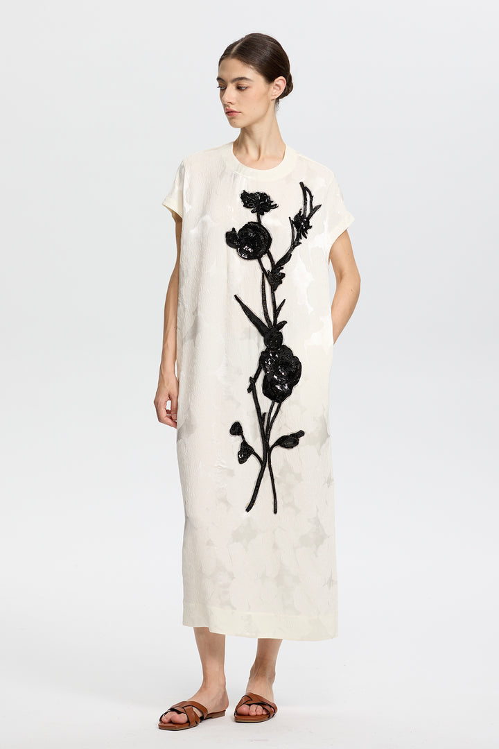 Elara Artisanal Ivory Dress with Black Beaded Flowers