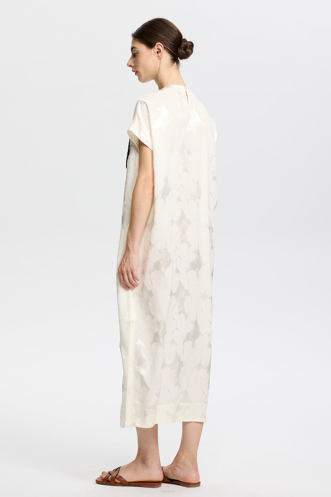 Elara Artisanal Ivory Dress with Black Beaded Flowers