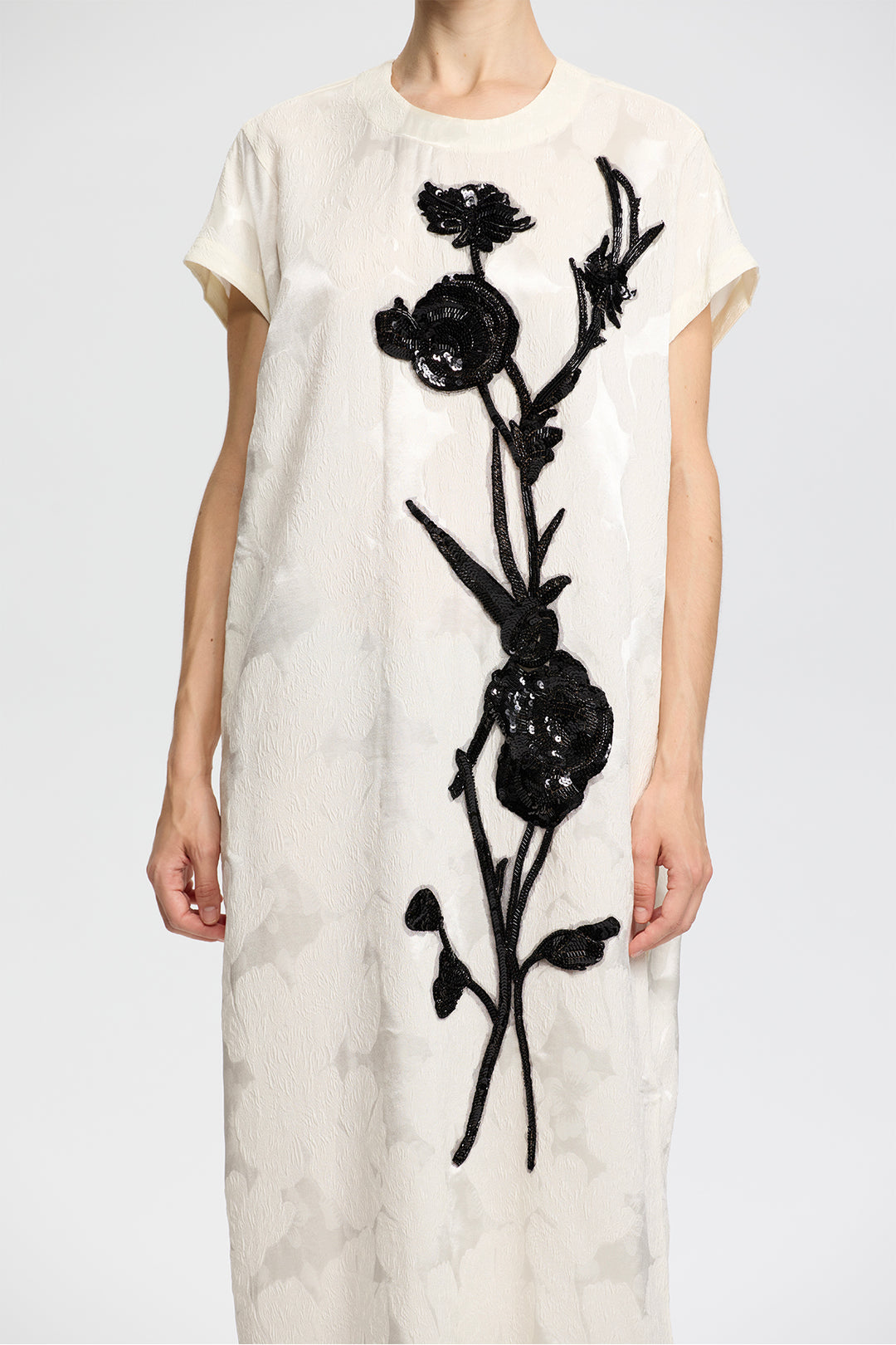 Elara Artisanal Ivory Dress with Black Beaded Flowers