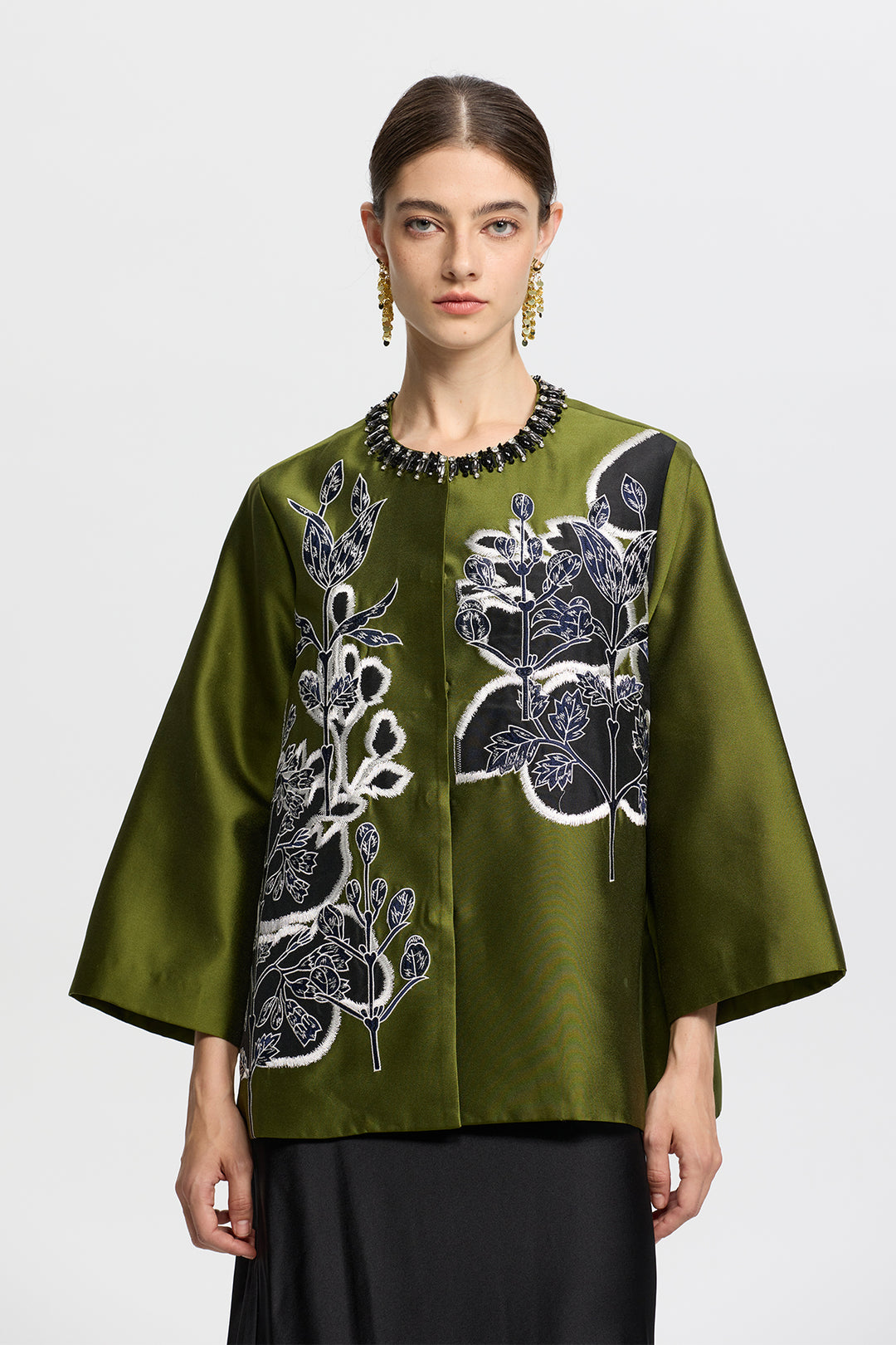 Amara Olive Green Embroidered Jacquard Jacket