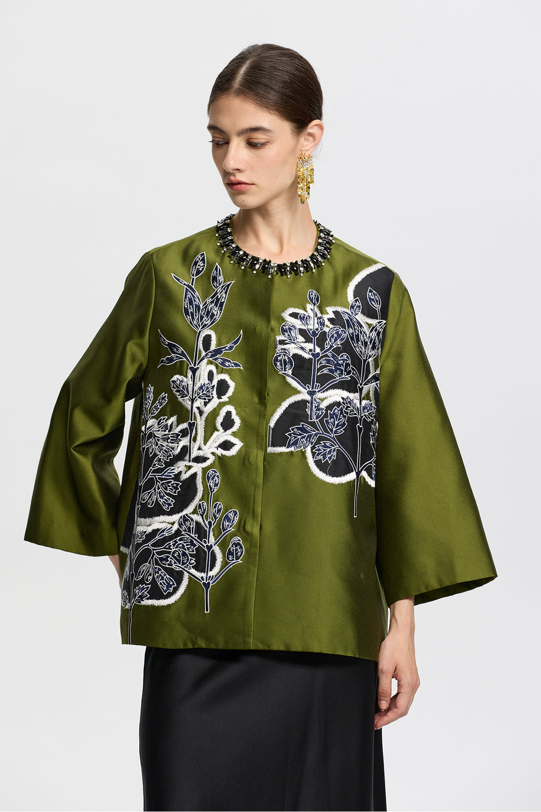 Amara Olive Green Embroidered Jacquard Jacket