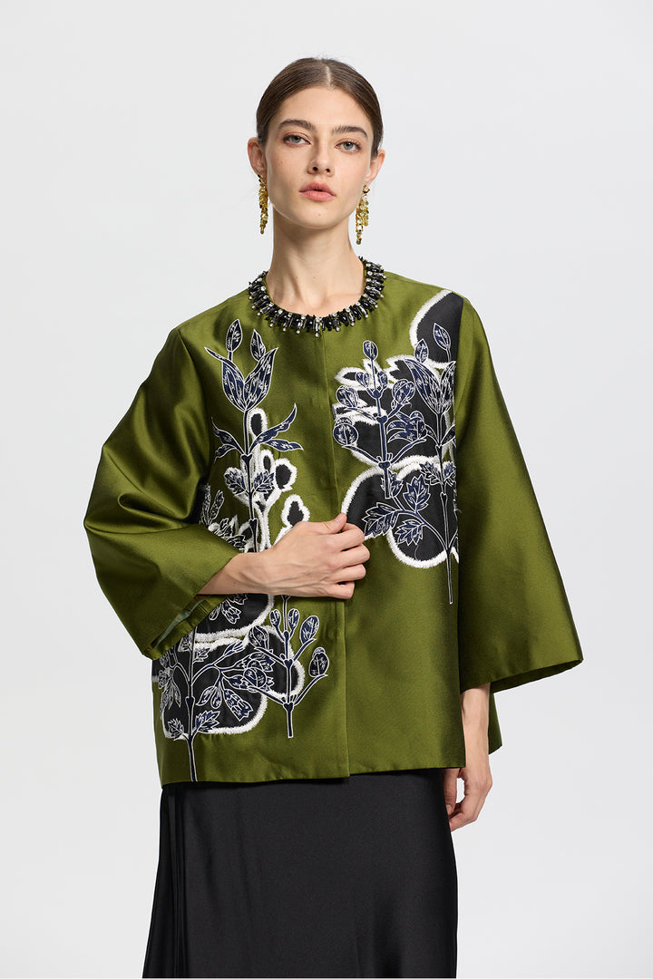 Amara Olive Green Embroidered Jacquard Jacket