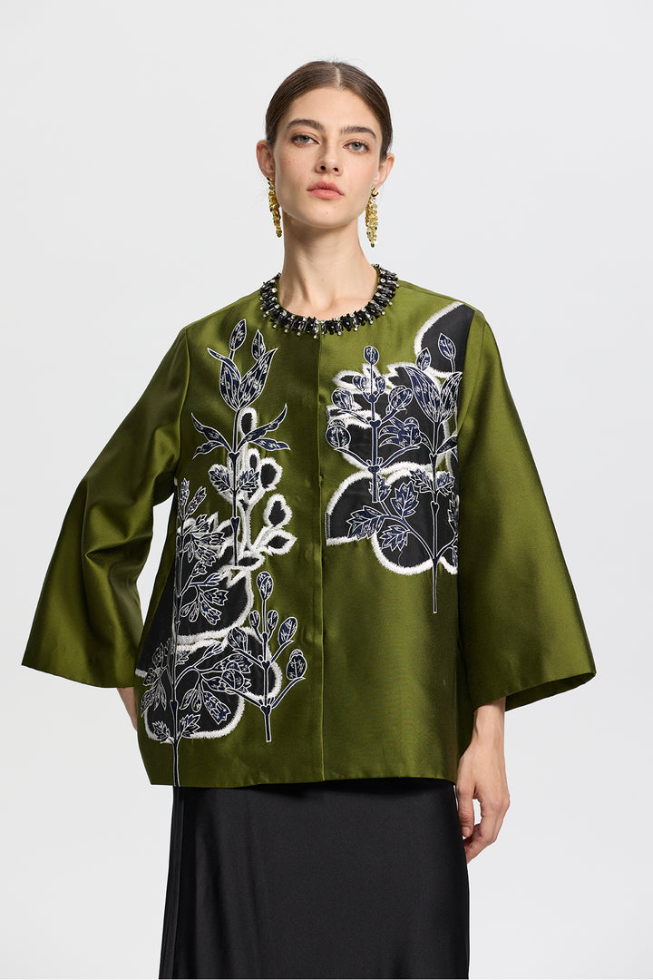 Amara Olive Green Embroidered Jacquard Jacket