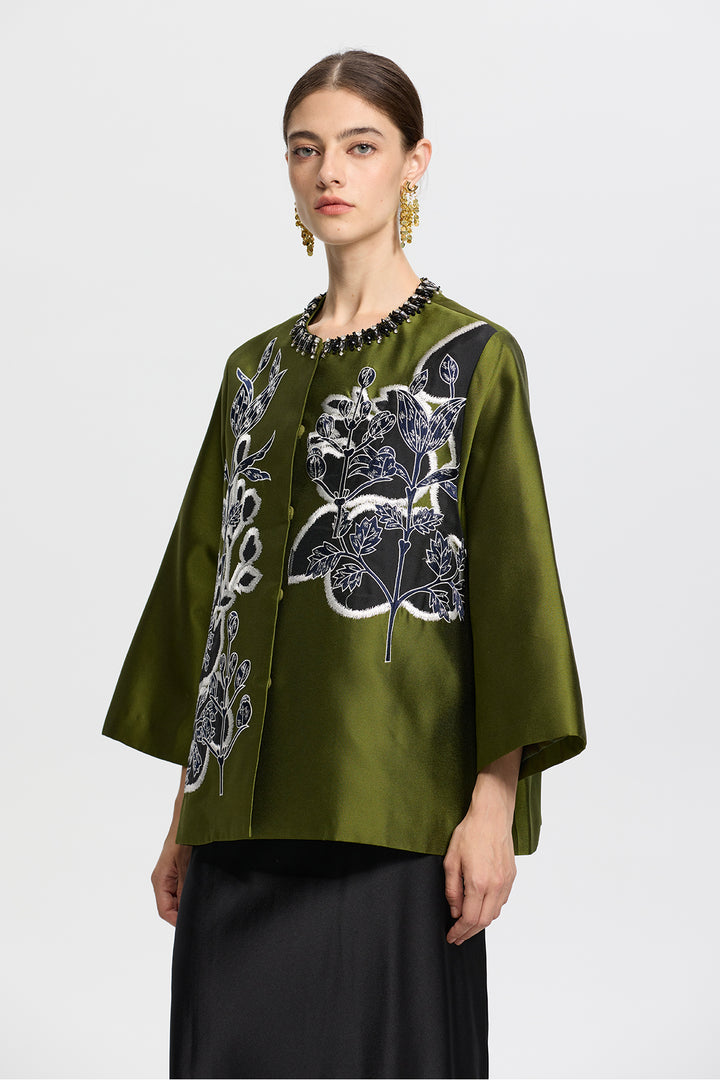 Amara Olive Green Embroidered Jacquard Jacket