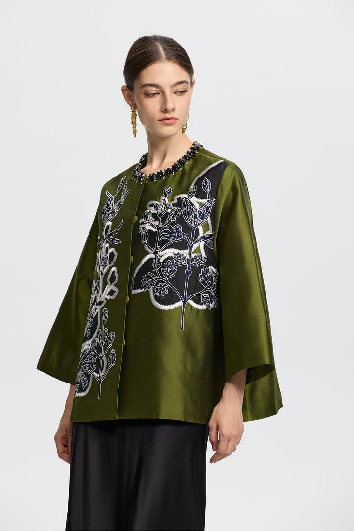 Amara Olive Green Embroidered Jacquard Jacket