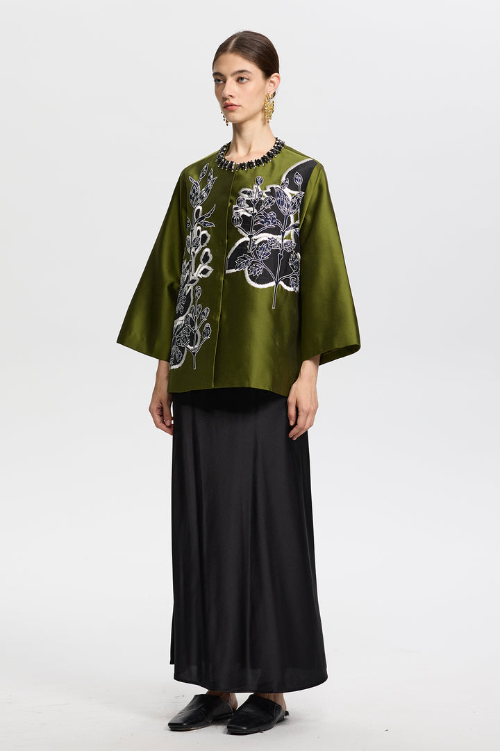 Amara Olive Green Embroidered Jacquard Jacket