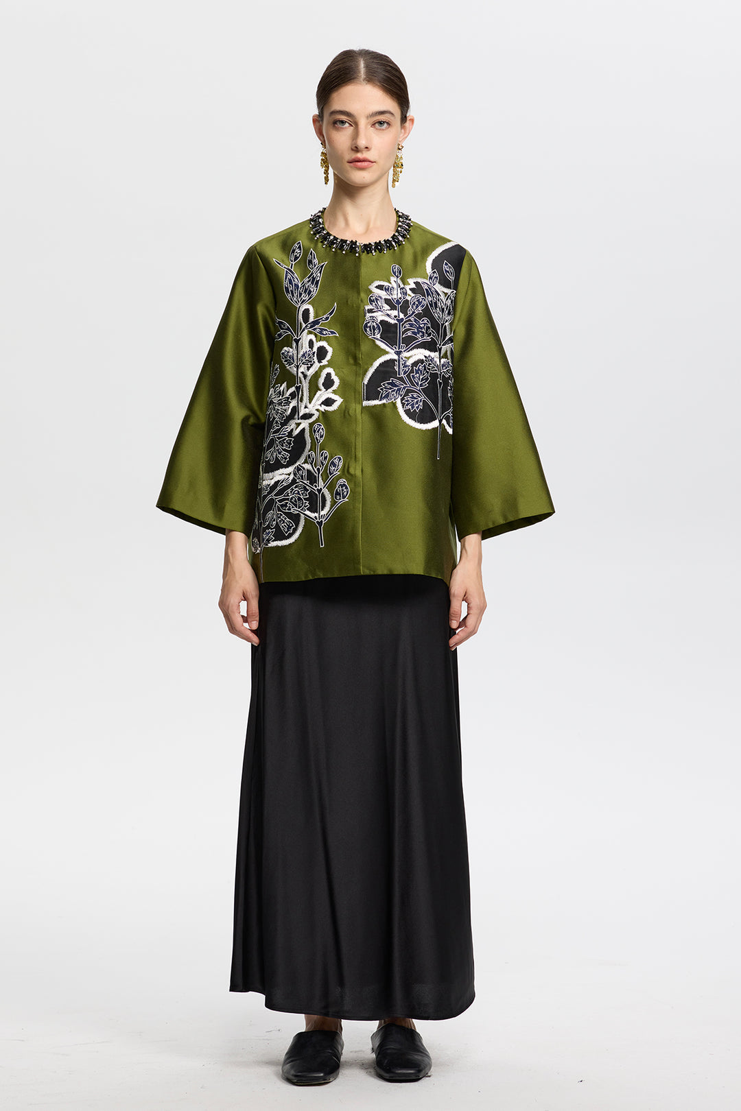 Amara Olive Green Embroidered Jacquard Jacket