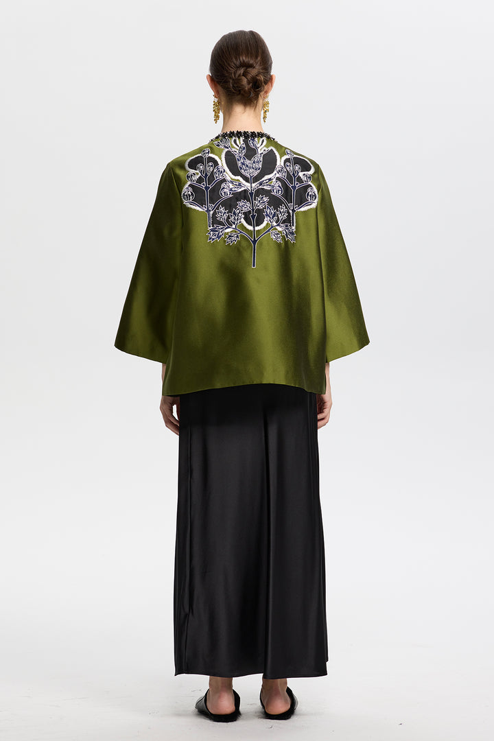 Amara Olive Green Embroidered Jacquard Jacket