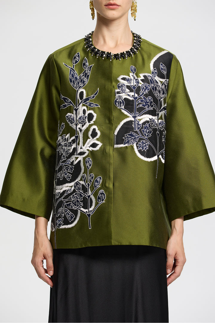 Amara Olive Green Embroidered Jacquard Jacket