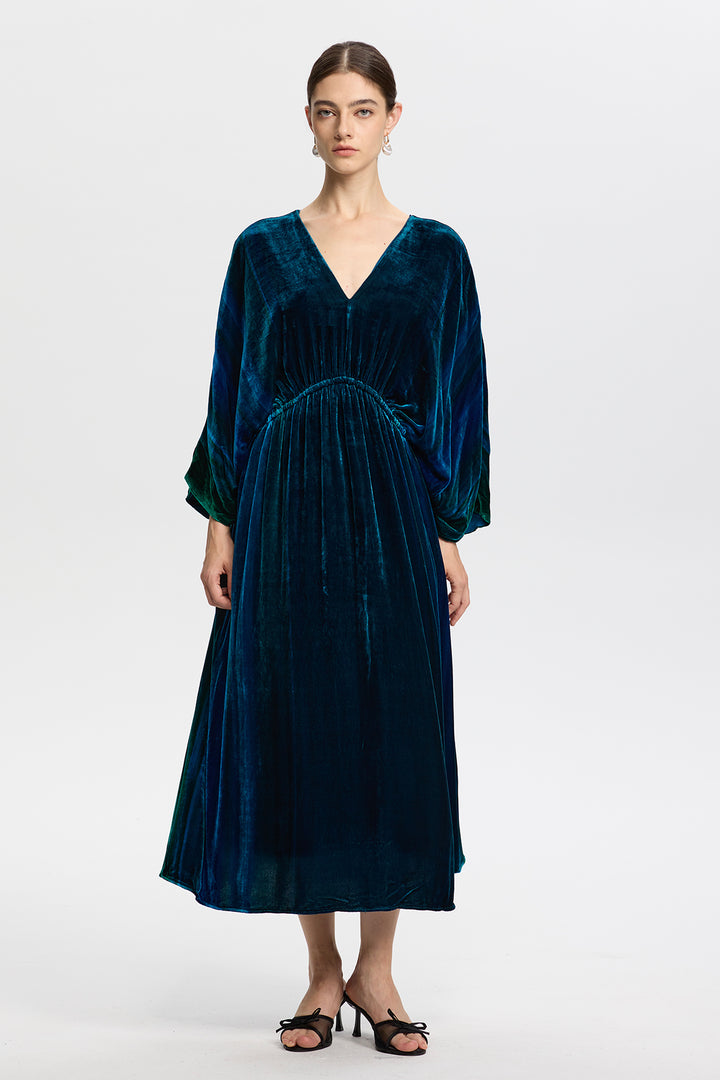 Marina Vintage Peacock Blue Velvet Maxi Dress