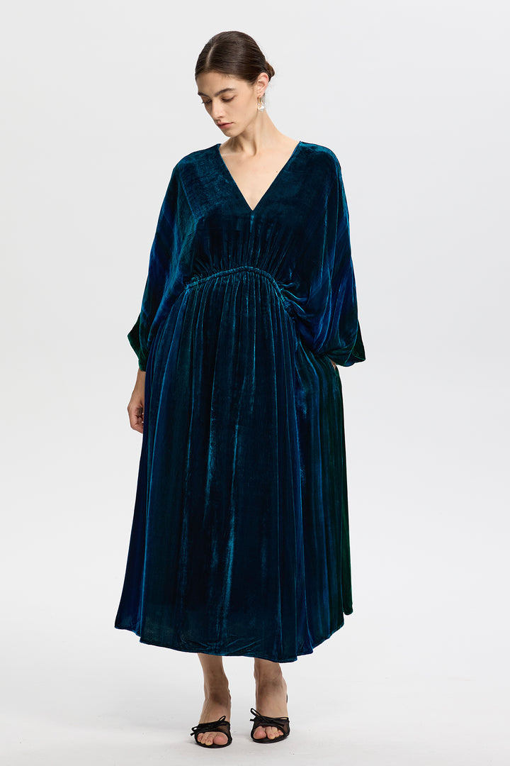 Marina Vintage Peacock Blue Velvet Maxi Dress