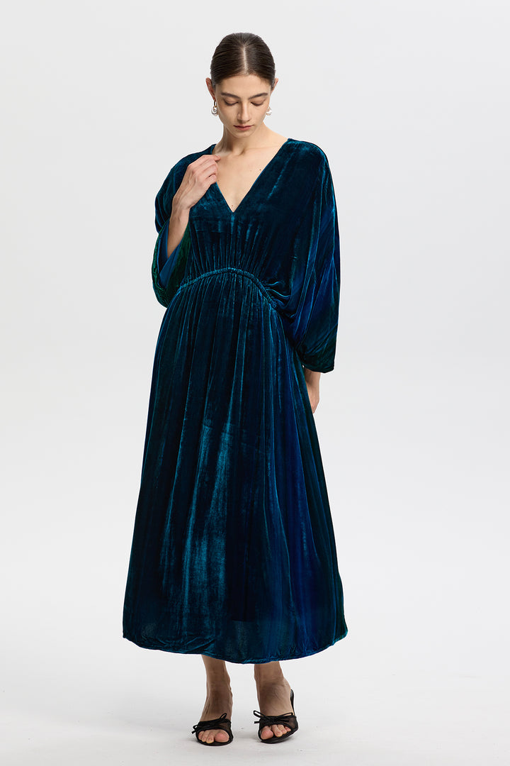 Marina Vintage Peacock Blue Velvet Maxi Dress