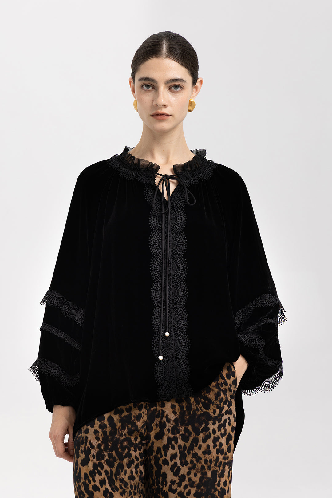 Clara Velvet Lace Lantern-Sleeve Blouse