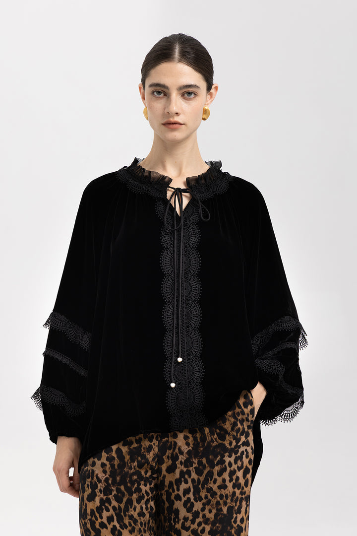 Clara Velvet Lace Lantern-Sleeve Blouse