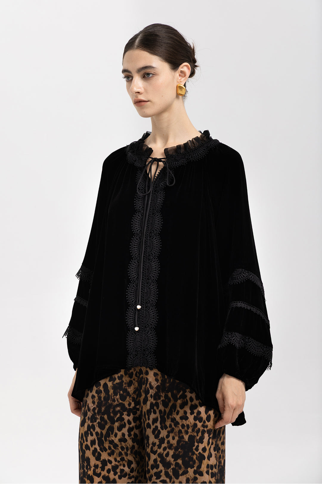 Clara Velvet Lace Lantern-Sleeve Blouse
