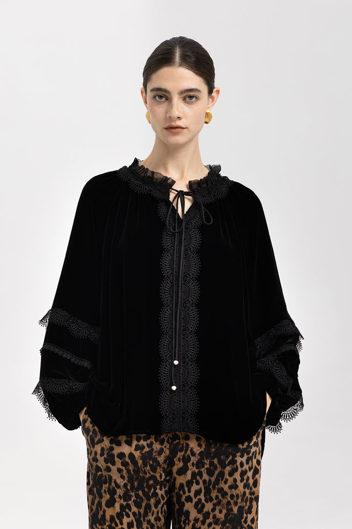Clara Velvet Lace Lantern-Sleeve Blouse