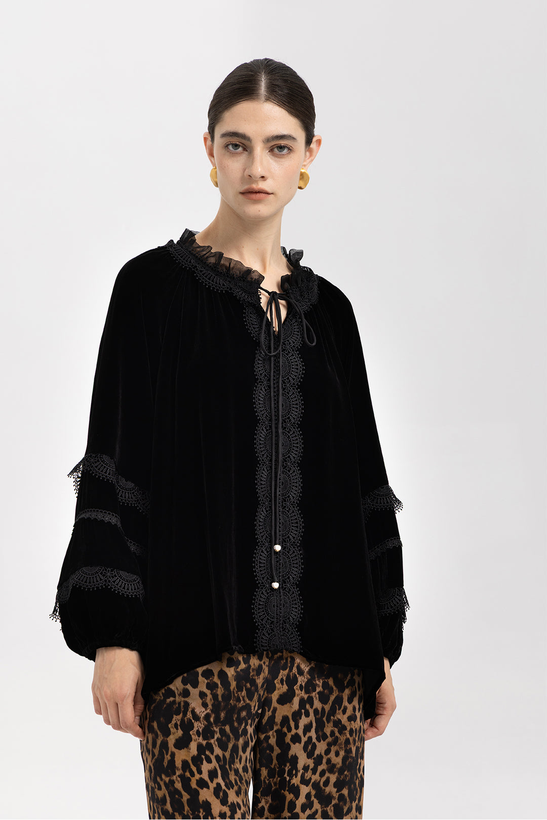 Clara Velvet Lace Lantern-Sleeve Blouse