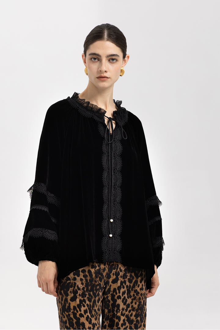 Clara Velvet Lace Lantern-Sleeve Blouse