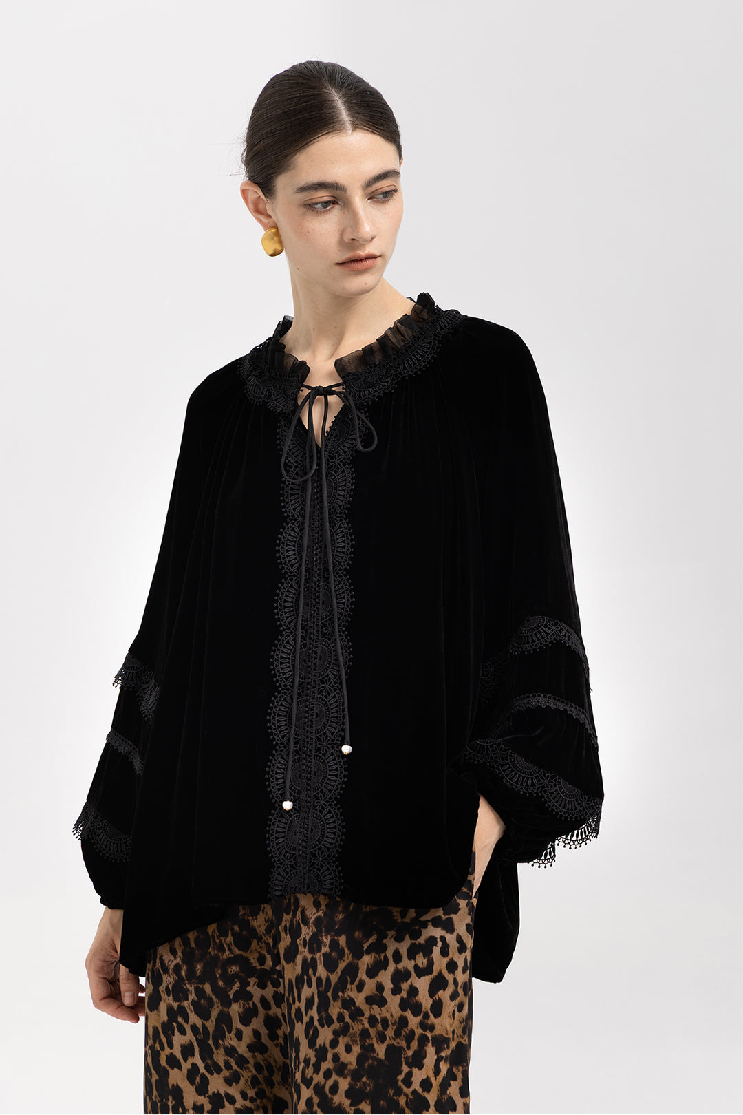 Clara Velvet Lace Lantern-Sleeve Blouse