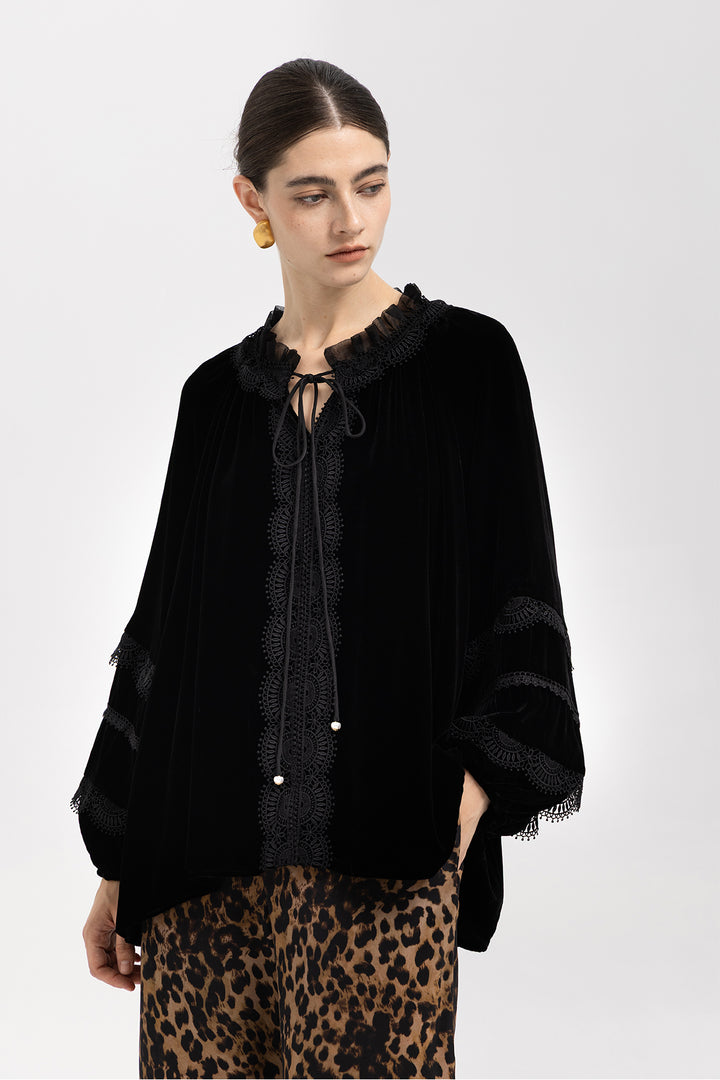 Clara Velvet Lace Lantern-Sleeve Blouse