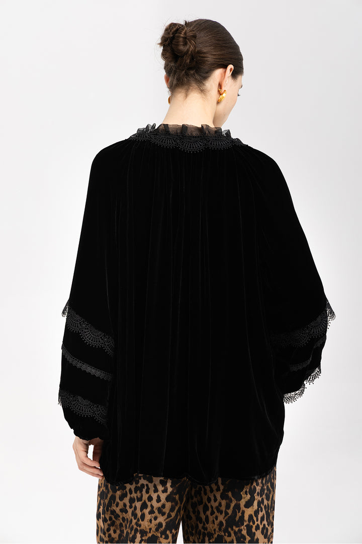 Clara Velvet Lace Lantern-Sleeve Blouse