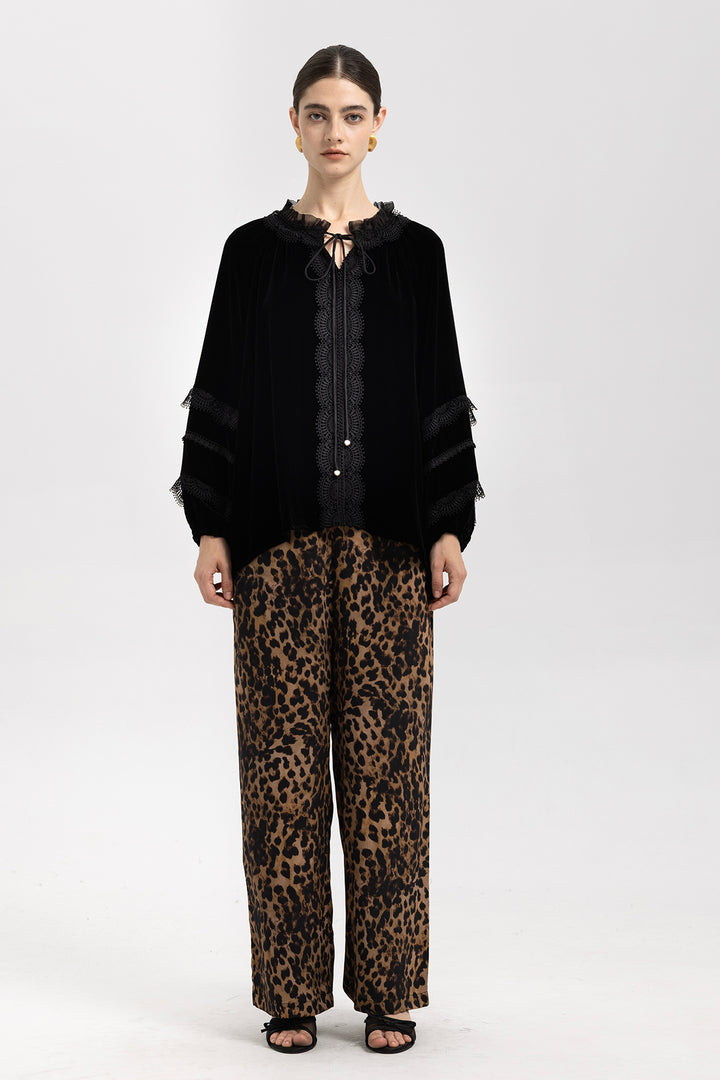 Clara Velvet Lace Lantern-Sleeve Blouse