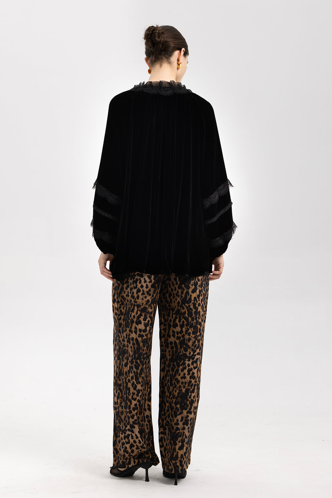 Clara Velvet Lace Lantern-Sleeve Blouse