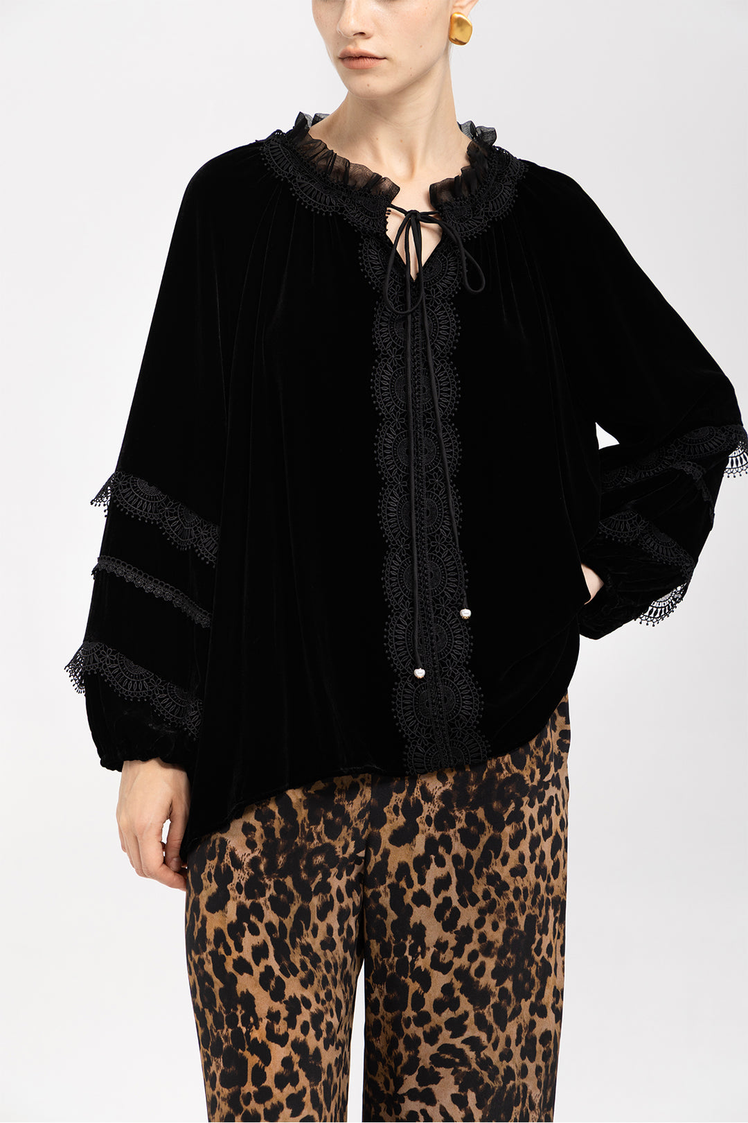 Clara Velvet Lace Lantern-Sleeve Blouse