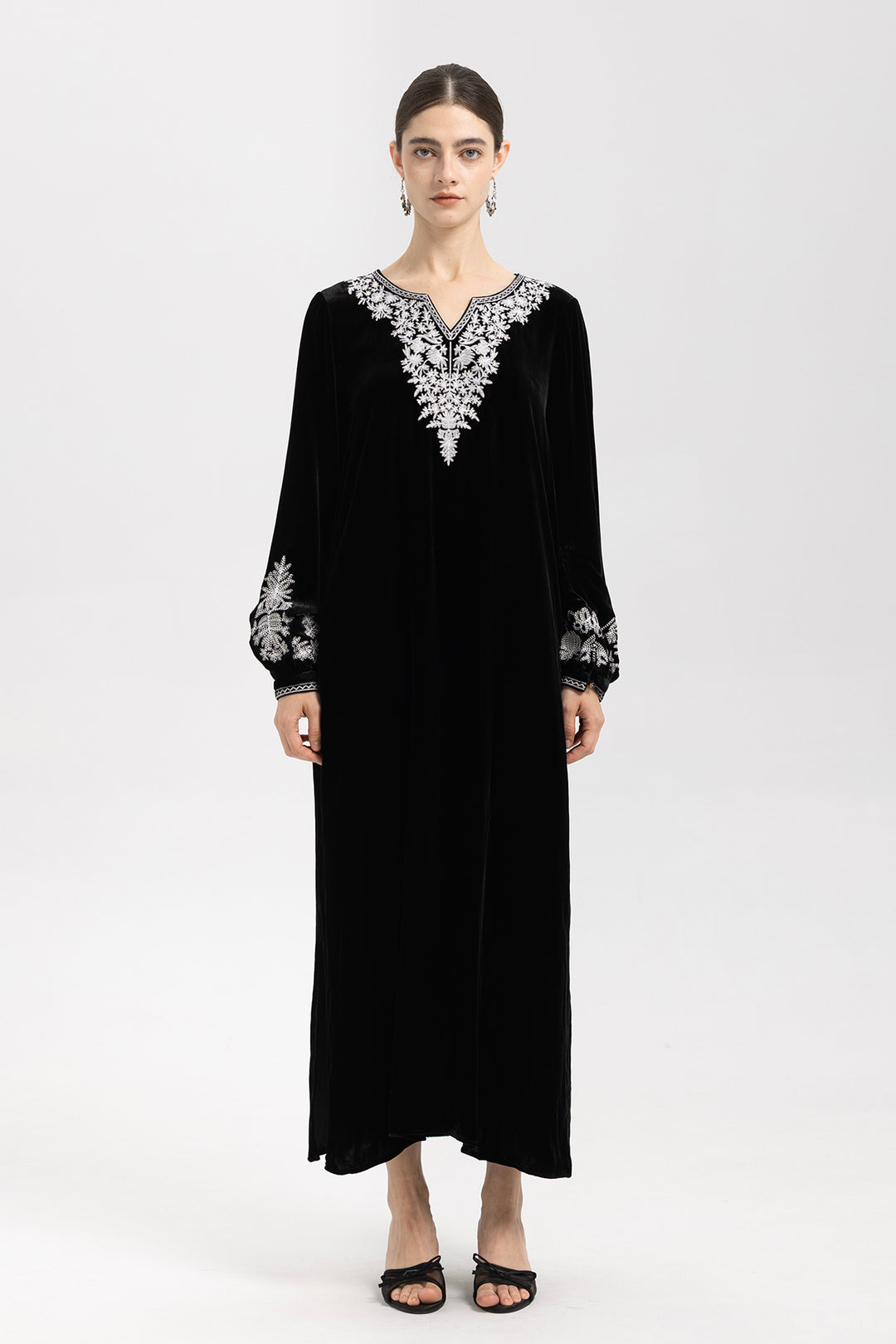 Noir Velvet V-Neck Embroidered Maxi Dress