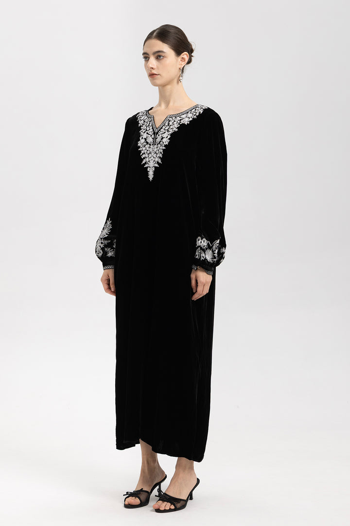 Noir Velvet V-Neck Embroidered Maxi Dress