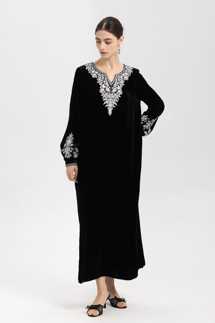 Noir Velvet V-Neck Embroidered Maxi Dress