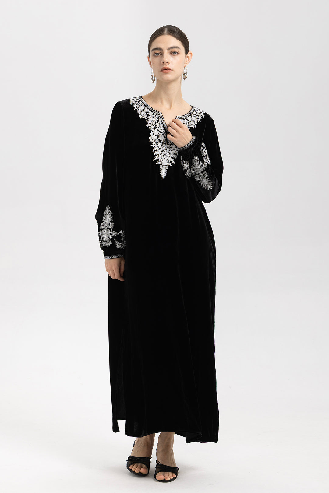 Noir Velvet V-Neck Embroidered Maxi Dress