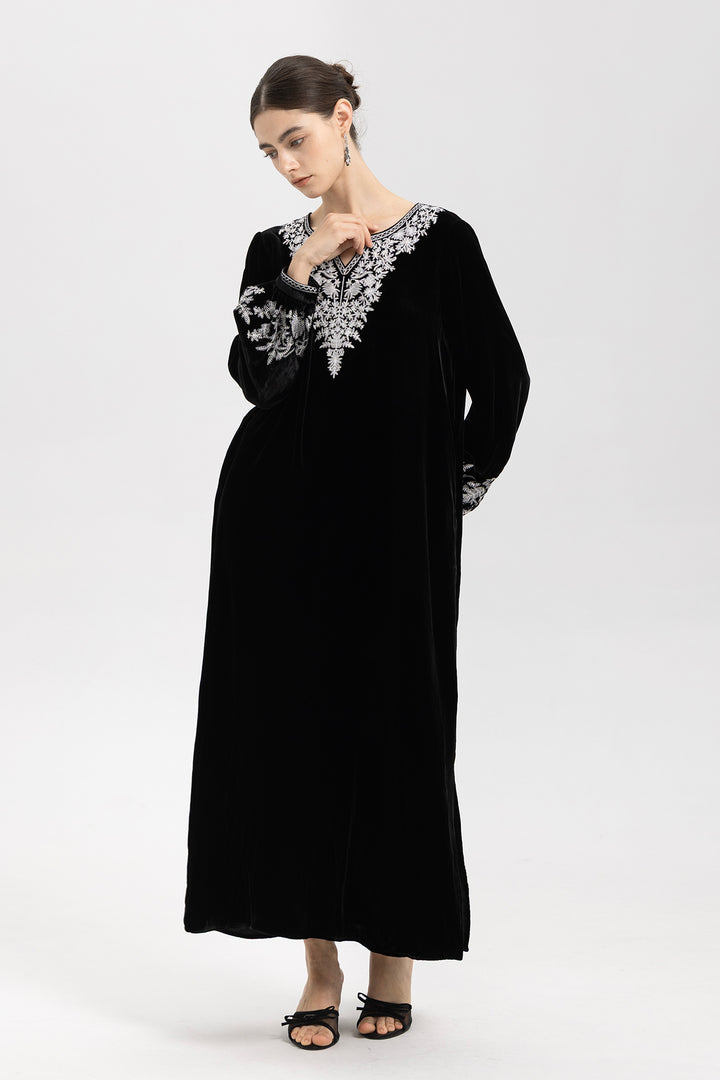 Noir Velvet V-Neck Embroidered Maxi Dress