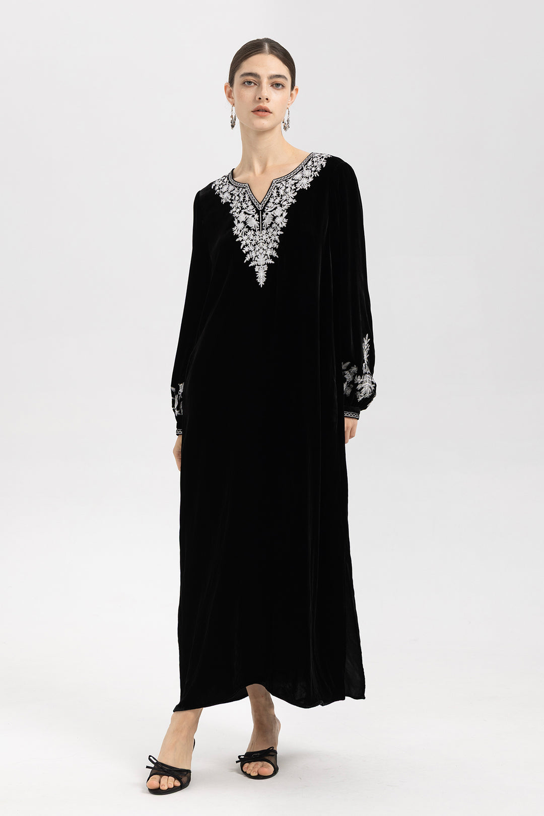 Noir Velvet V-Neck Embroidered Maxi Dress
