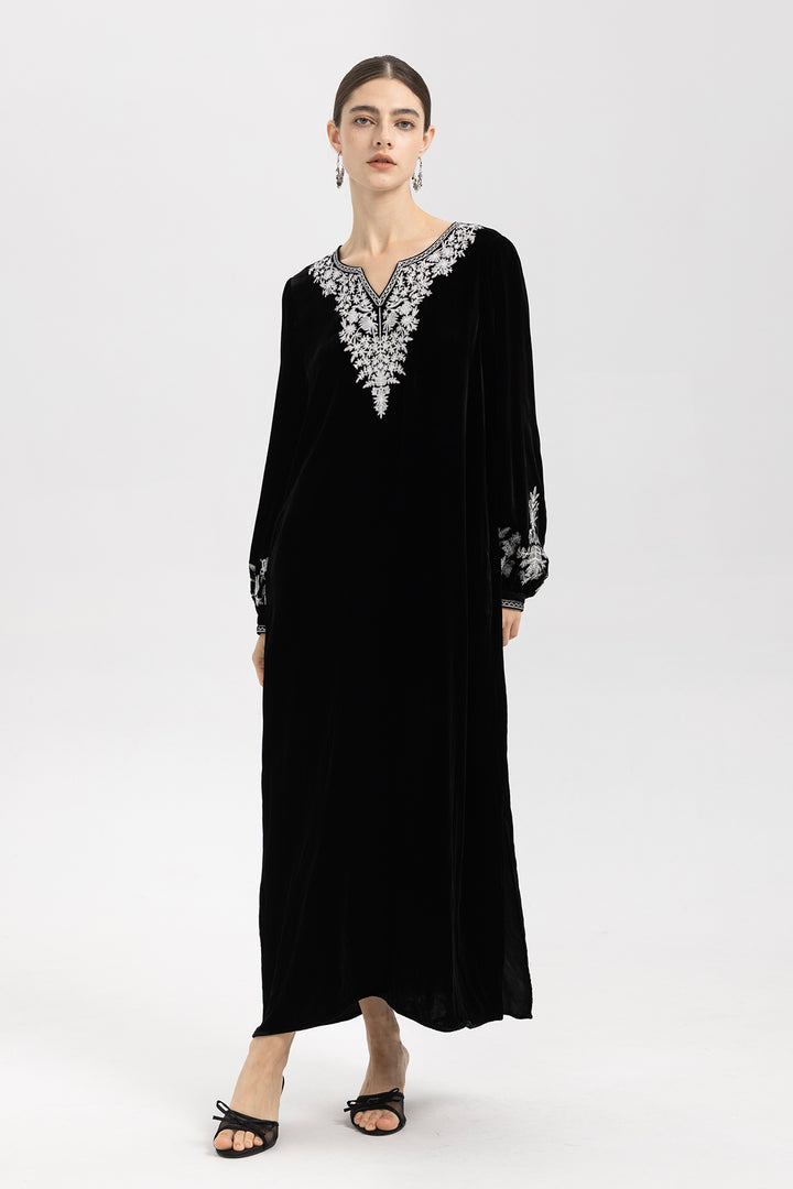 Noir Velvet V-Neck Embroidered Maxi Dress