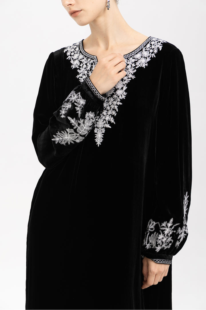 Noir Velvet V-Neck Embroidered Maxi Dress