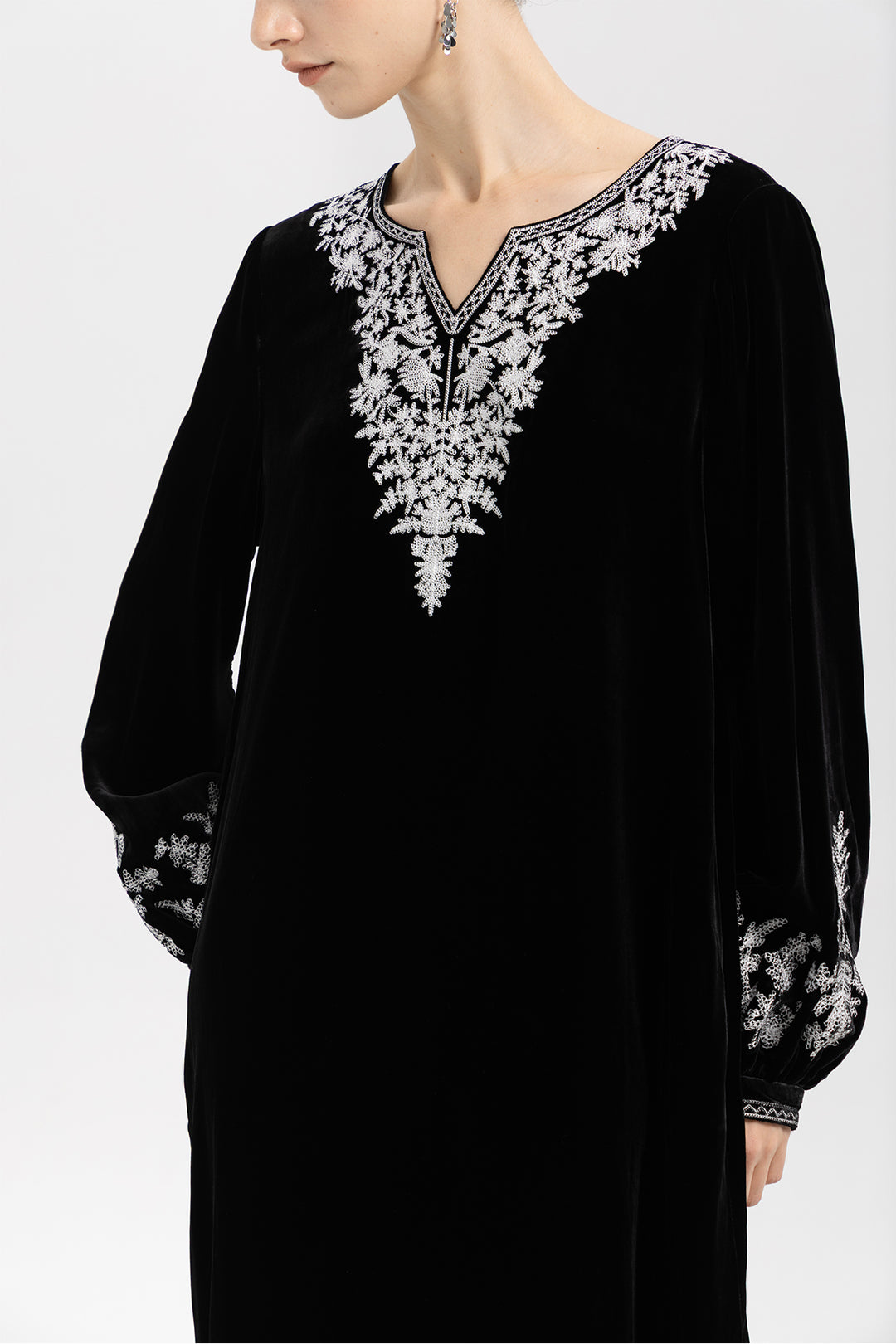 Noir Velvet V-Neck Embroidered Maxi Dress