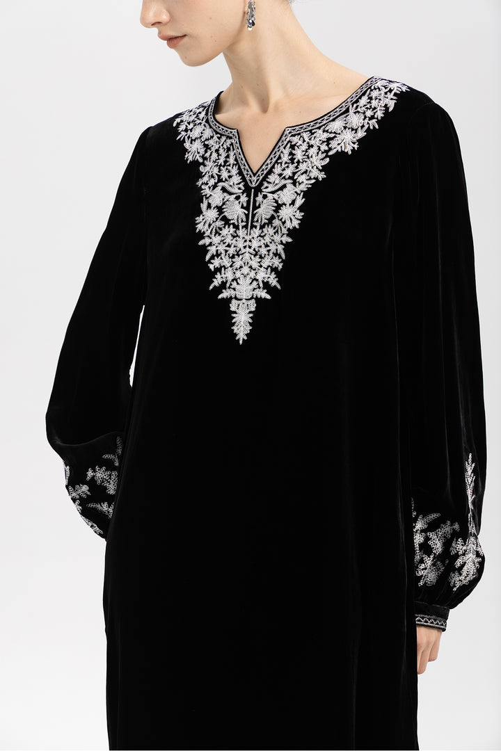 Noir Velvet V-Neck Embroidered Maxi Dress
