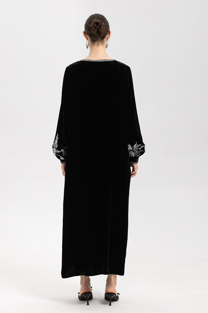 Noir Velvet V-Neck Embroidered Maxi Dress