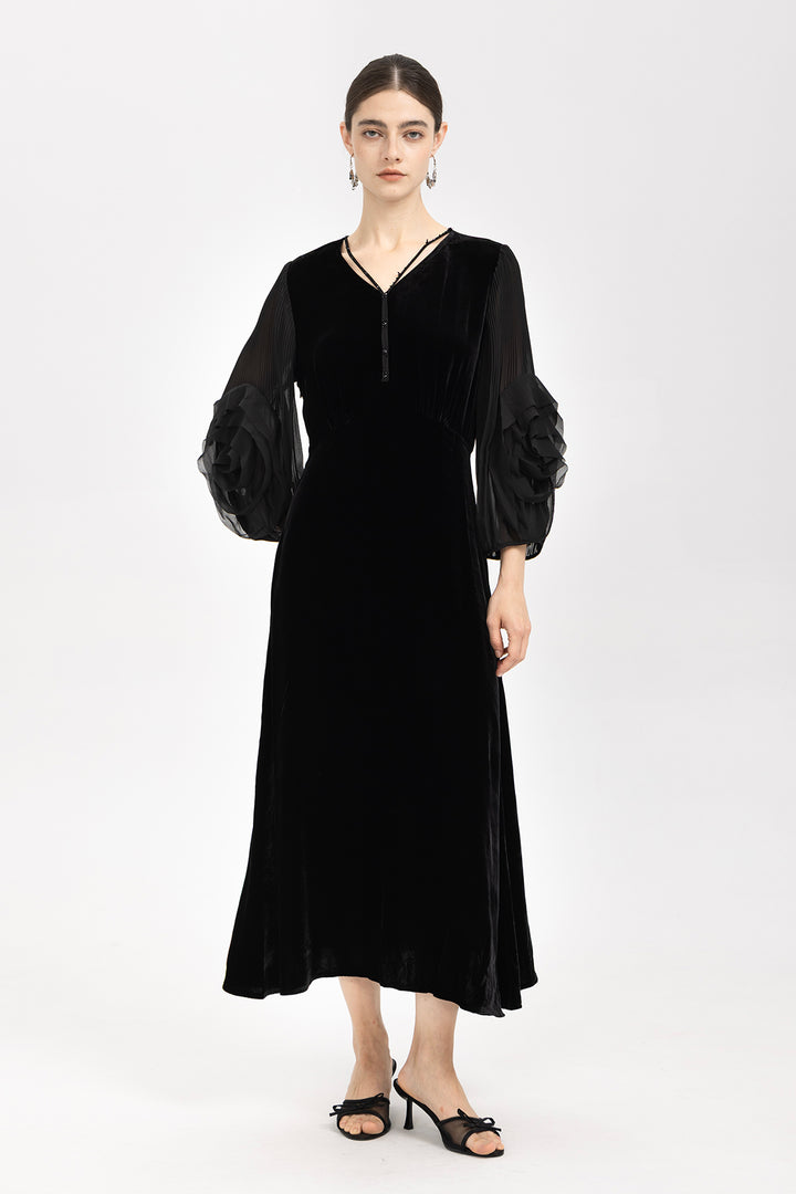 Sofia Velvet Sheer Ruffle-Sleeve Dress
