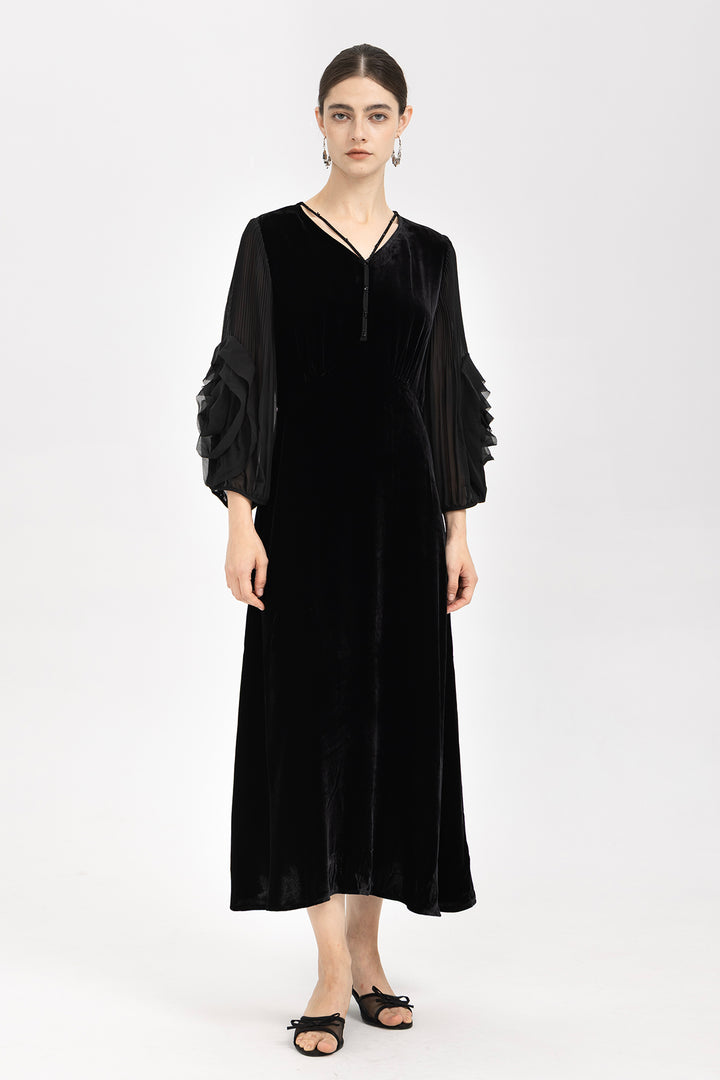 Sofia Velvet Sheer Ruffle-Sleeve Dress