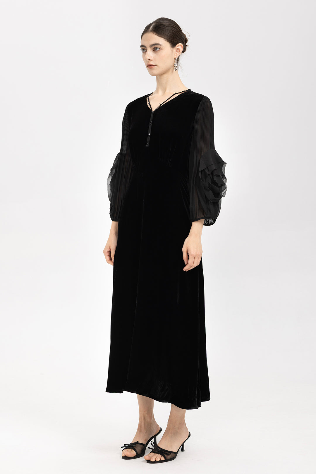 Sofia Velvet Sheer Ruffle-Sleeve Dress