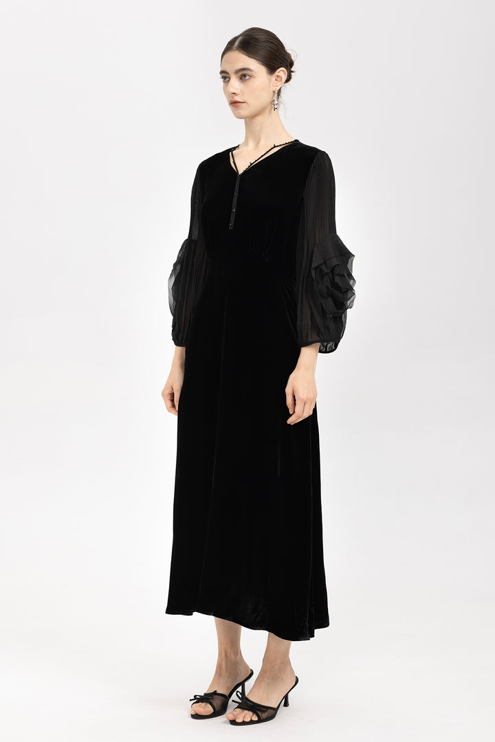 Sofia Velvet Sheer Ruffle-Sleeve Dress