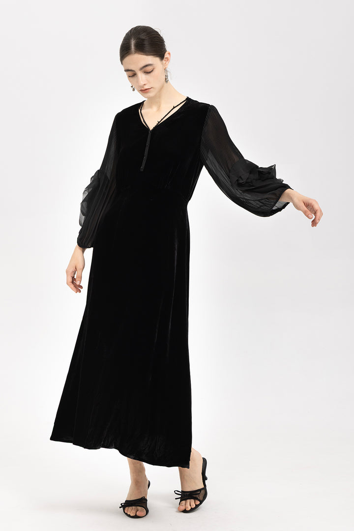 Sofia Velvet Sheer Ruffle-Sleeve Dress