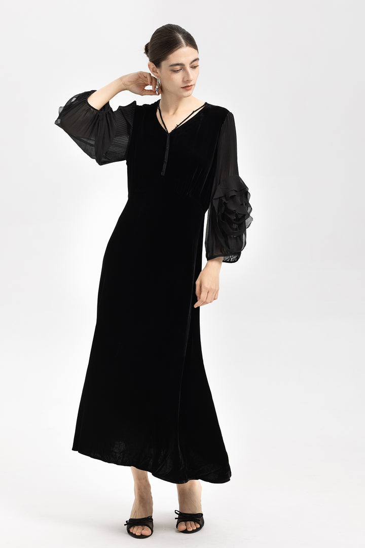Sofia Velvet Sheer Ruffle-Sleeve Dress
