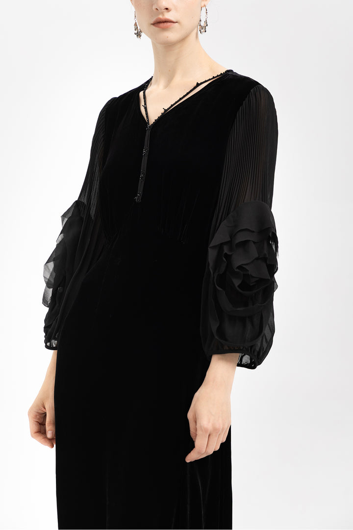 Sofia Velvet Sheer Ruffle-Sleeve Dress