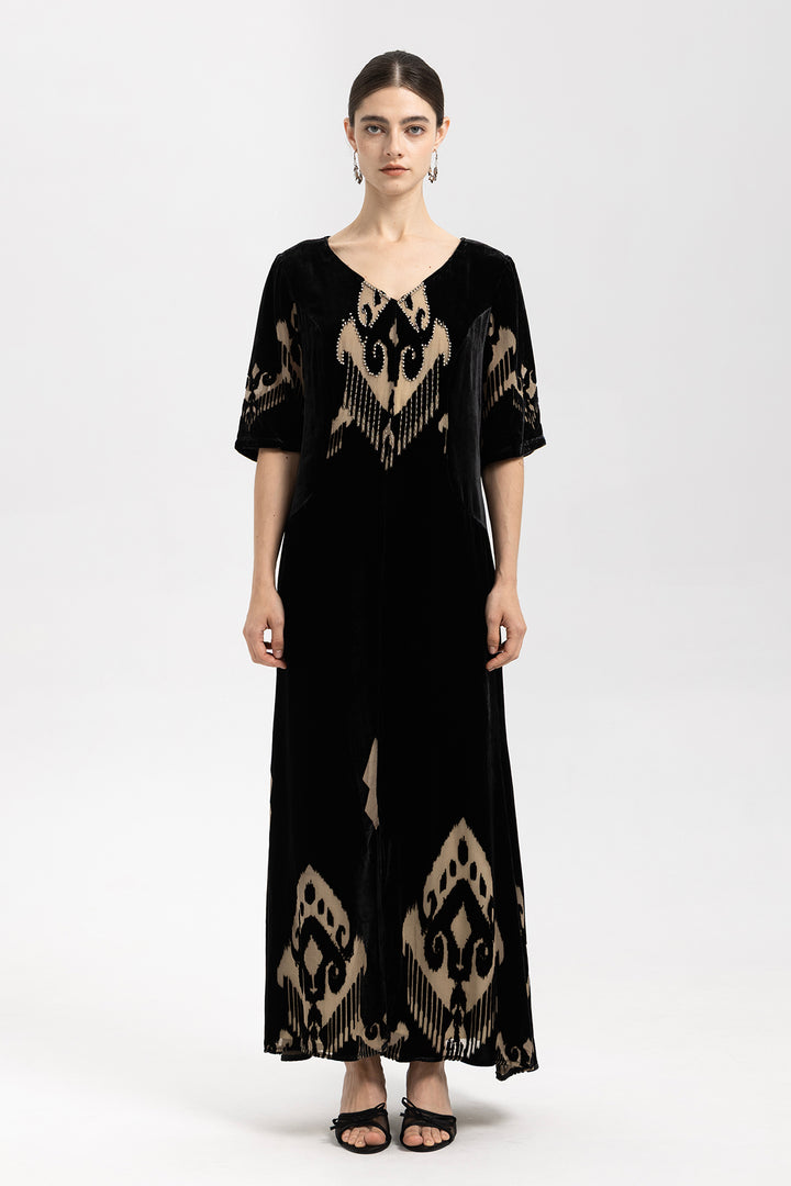 Ikat Burnout Velvet V-Neck Maxi Dress