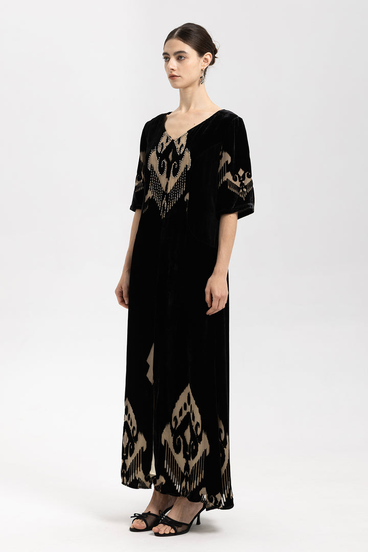 Ikat Burnout Velvet V-Neck Maxi Dress